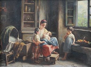 MAGNI, Giuseppe, (Italian, 1869-1956): Interior Family Scene with Mother and Three daughters by an Open Window